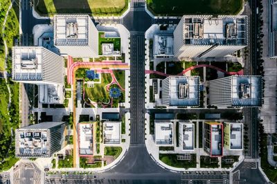 Directly above shot of modern buildings and road in city