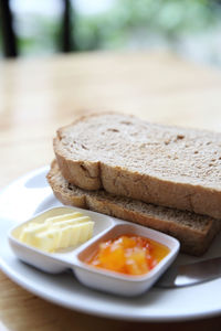 Close-up of breakfast served in plate