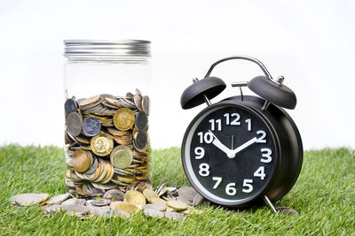 Close-up of clock on field