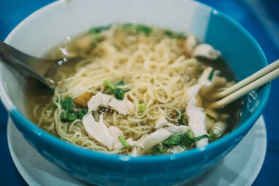 High angle view of noodle soup