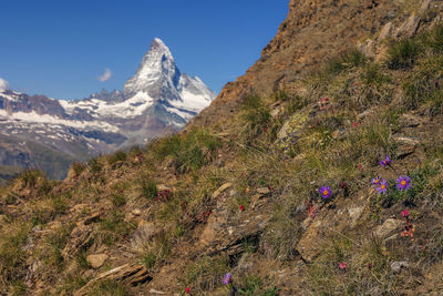 Scenic view of snowcapped mountains against sky