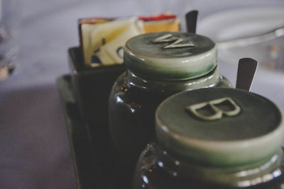 Close-up of drink served on bottle