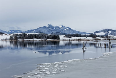 Scenic view of lake by snowcapped mountains against sky