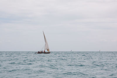 Sailboat sailing on sea against sky