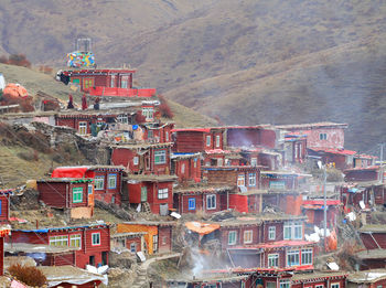 High angle view of houses on mountains