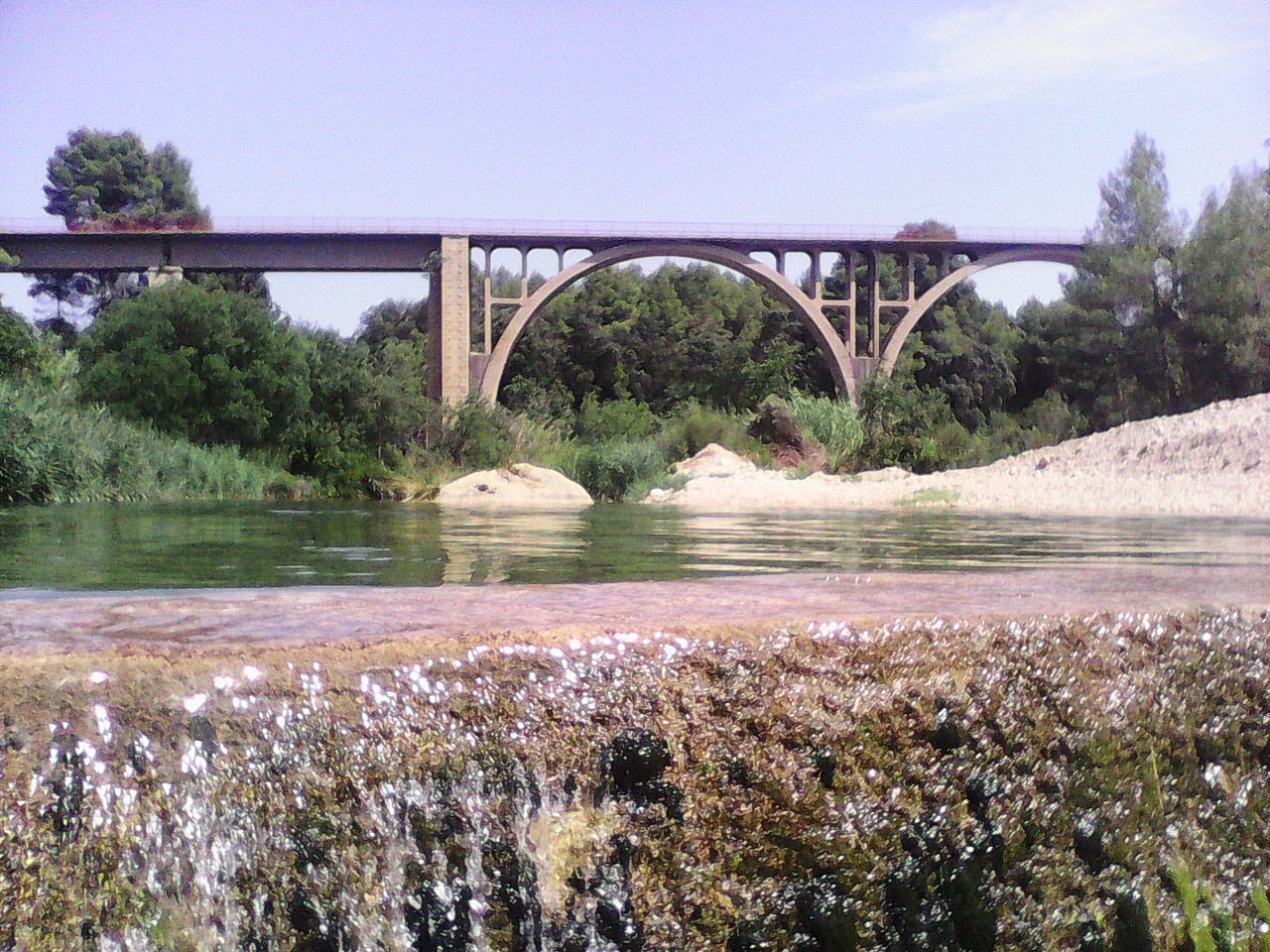 BRIDGE OVER RIVER BY TREES AGAINST SKY