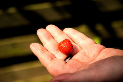 Close-up of hand holding strawberry