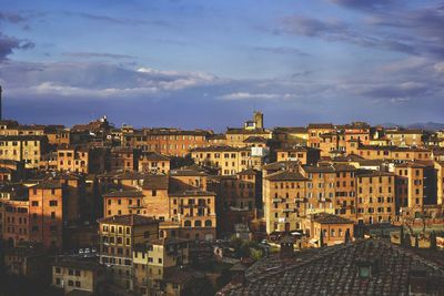 High angle shot of townscape against sky