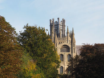 Low angle view of trees and building against sky