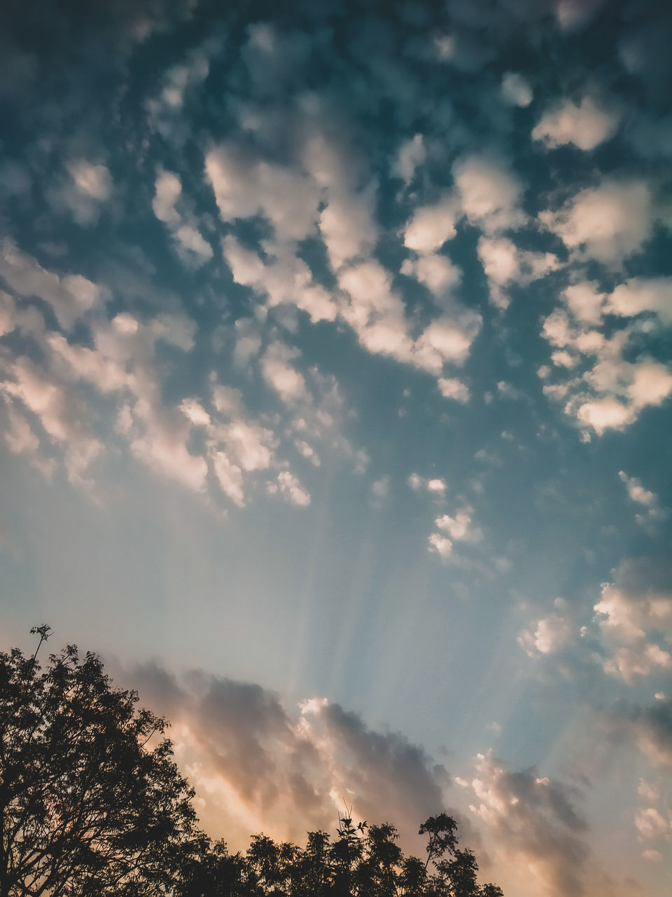 LOW ANGLE VIEW OF SUNLIGHT STREAMING THROUGH CLOUDS IN SKY