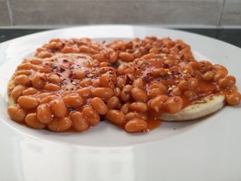 High angle view of breakfast in plate on table
