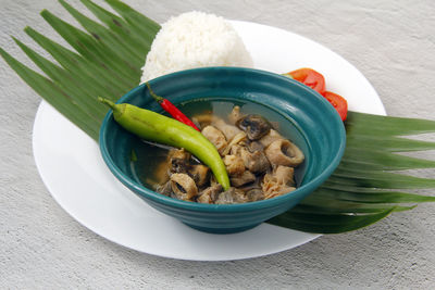 High angle view of food in plate on table