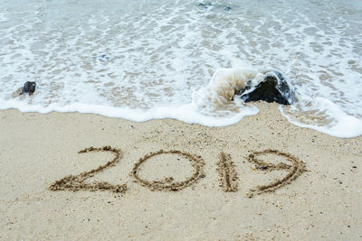 High angle view of text on sand at beach