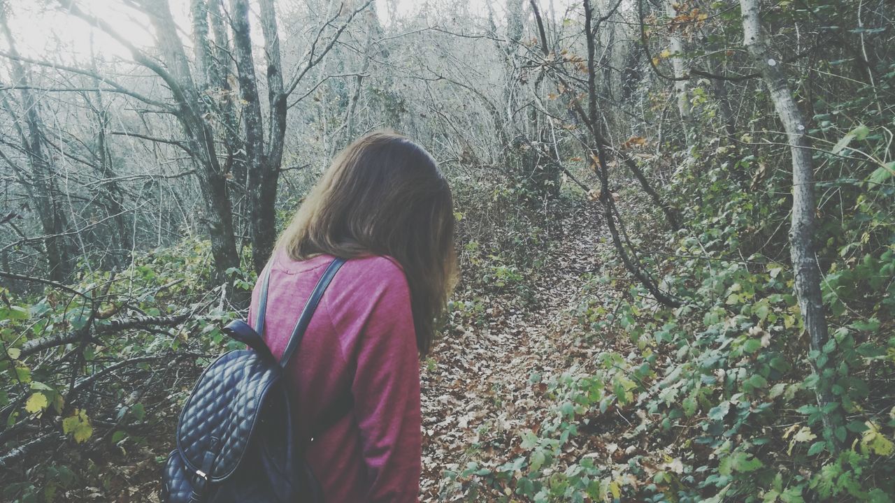 tree, lifestyles, leisure activity, growth, casual clothing, standing, person, rear view, plant, nature, day, branch, outdoors, young adult, tree trunk, young women, three quarter length, waist up