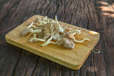 High angle view of mushrooms on table