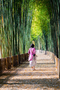 Rear view of woman walking on footpath in forest