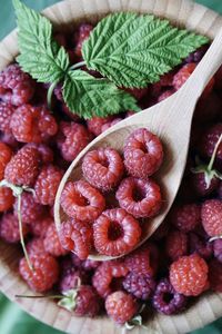 High angle view of strawberries in bowl