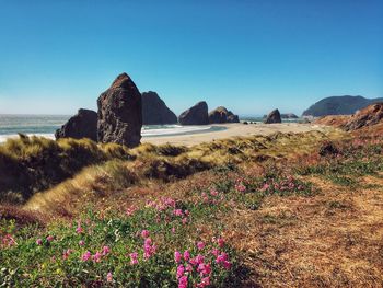 Scenic view of sea against clear blue sky