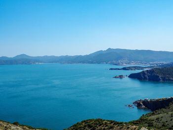 Scenic view of sea against clear blue sky