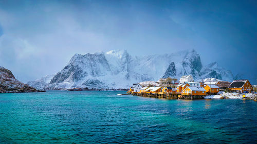 Yellow rorbu houses, lofoten islands, norway