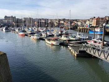 Boats moored in harbor