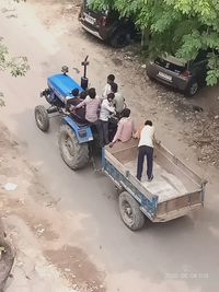 High angle view of people on street