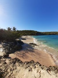 Scenic view of sea against clear blue sky