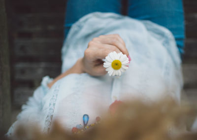 Midsection of woman holding daisy