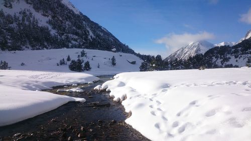 Scenic view of snow covered mountains against sky