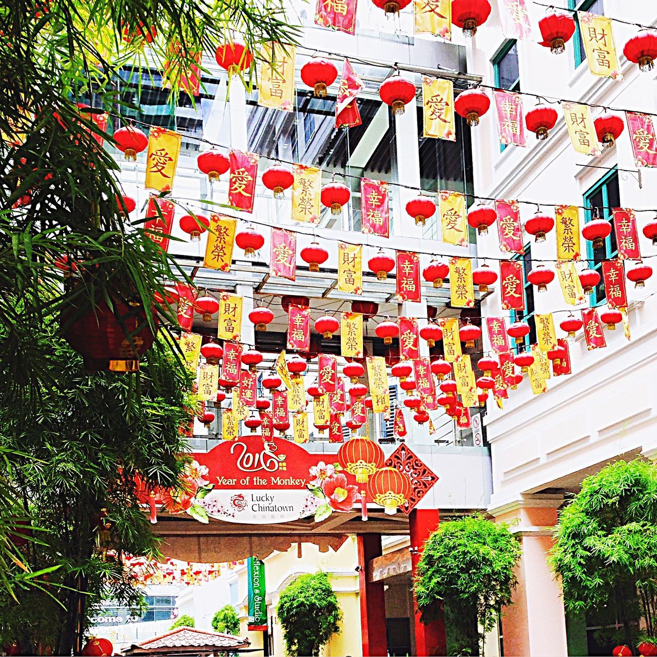 architecture, built structure, tree, low angle view, red, decoration, growth, outdoors, no people, day, plant, multi colored, culture, illuminated, ornate