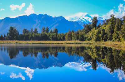Scenic view of lake and mountains against sky