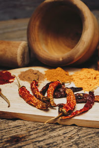 Spices by mortar and pestle on table