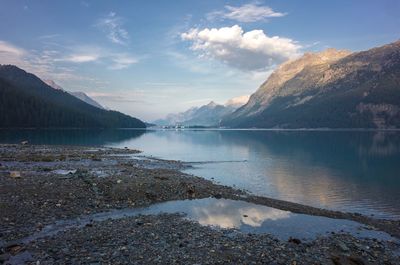 Scenic view of lake by mountains against sky