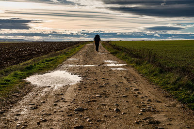 A young woman is walking along the camino frances near boadilla del camino on december, 2019.