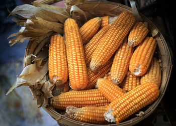 Close-up of corn kernel in rustic basket