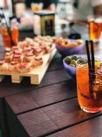 Close-up of food and drink on table in restaurant