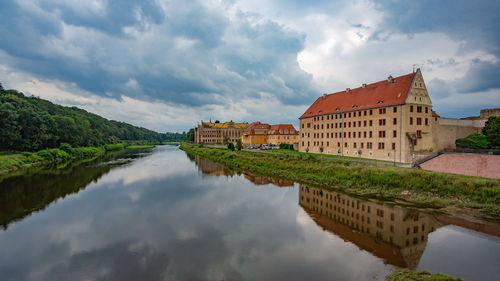 Reflection of buildings in lake