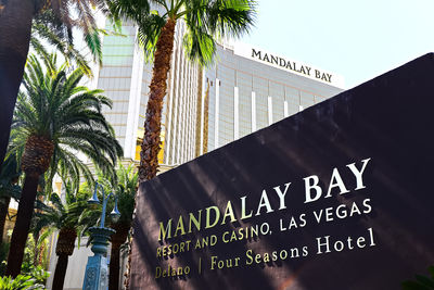 Low angle view of information sign by palm trees in city