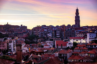 High angle view of townscape against sky during sunset