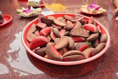 High angle view of fruits in bowl on table