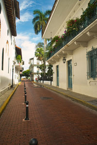 Empty road by buildings in city