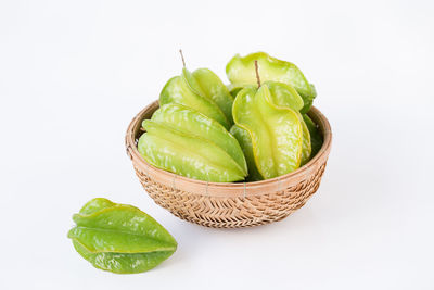 Close-up of fruits in basket against white background