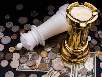 High angle view of coins