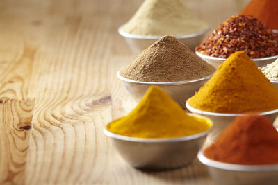 Close-up of various spices in containers on table