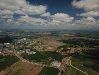 High angle view of field against sky