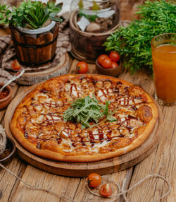 High angle view of pizza on table