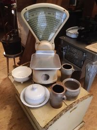 High angle view of coffee cups on table