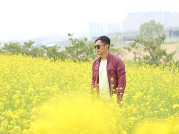 Portrait of young man standing amidst yellow flowering plants on field