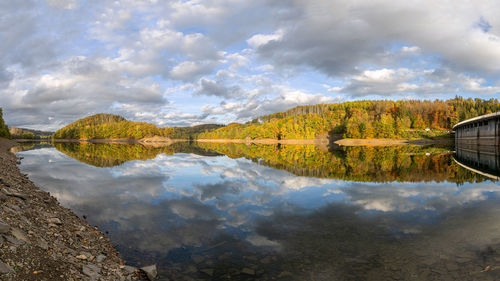 Agger lake close to gummersbach in evening light during autumn, bergisches land, germany