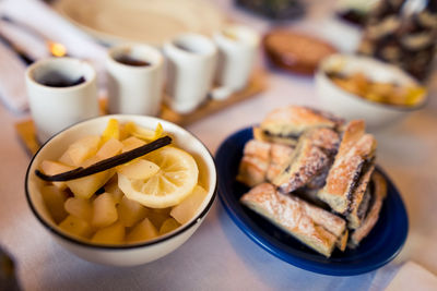 High angle view of breakfast served on table